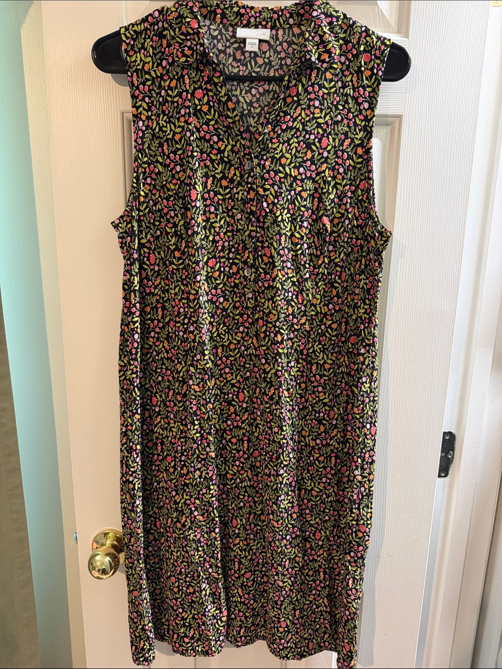 J. Jill Black Sleeveless Floral Shift Dress with Pink and Green Accents